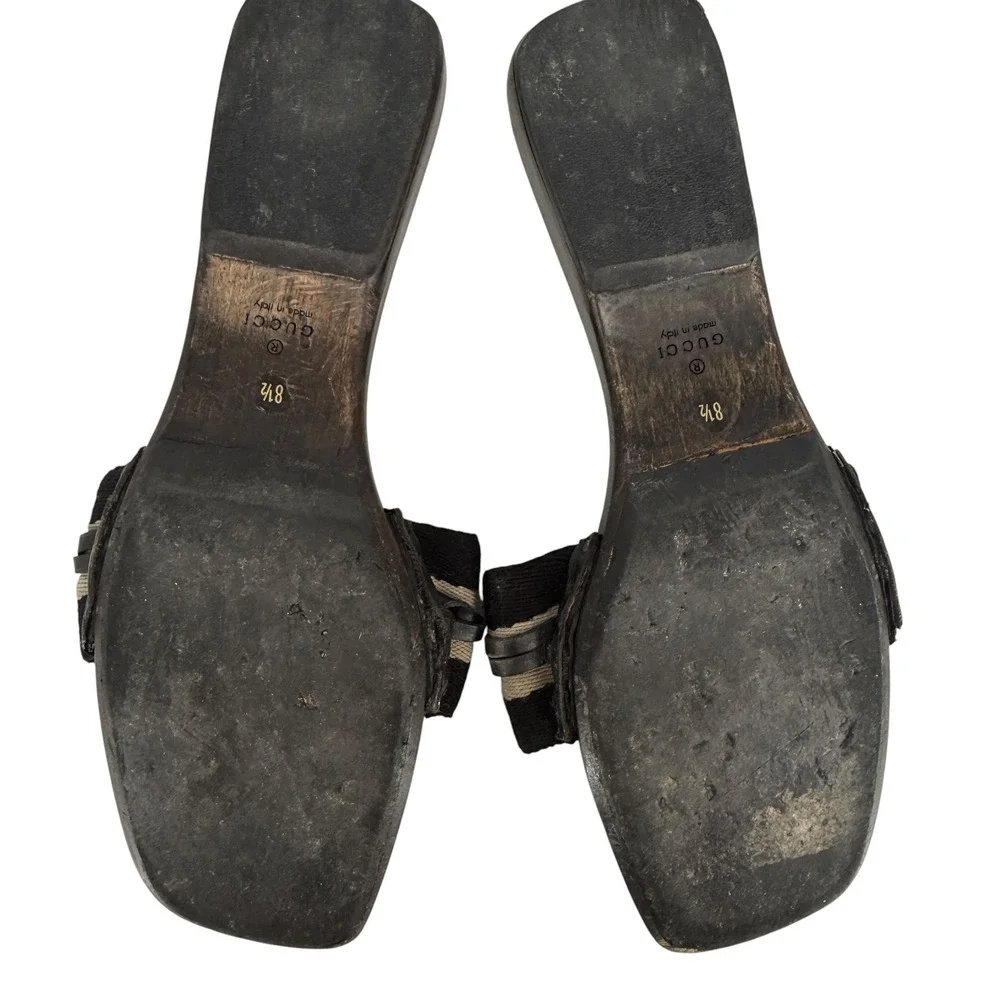 Gucci Vintage Horse-bit Wooden Slide Sandals Black Striped Canvas 8.5 Italy